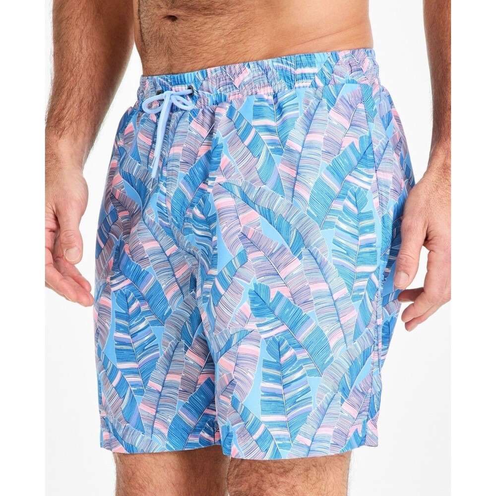 Club Room Men's Anana Leaf Print Drawstring 7" Swim Trunks - Small